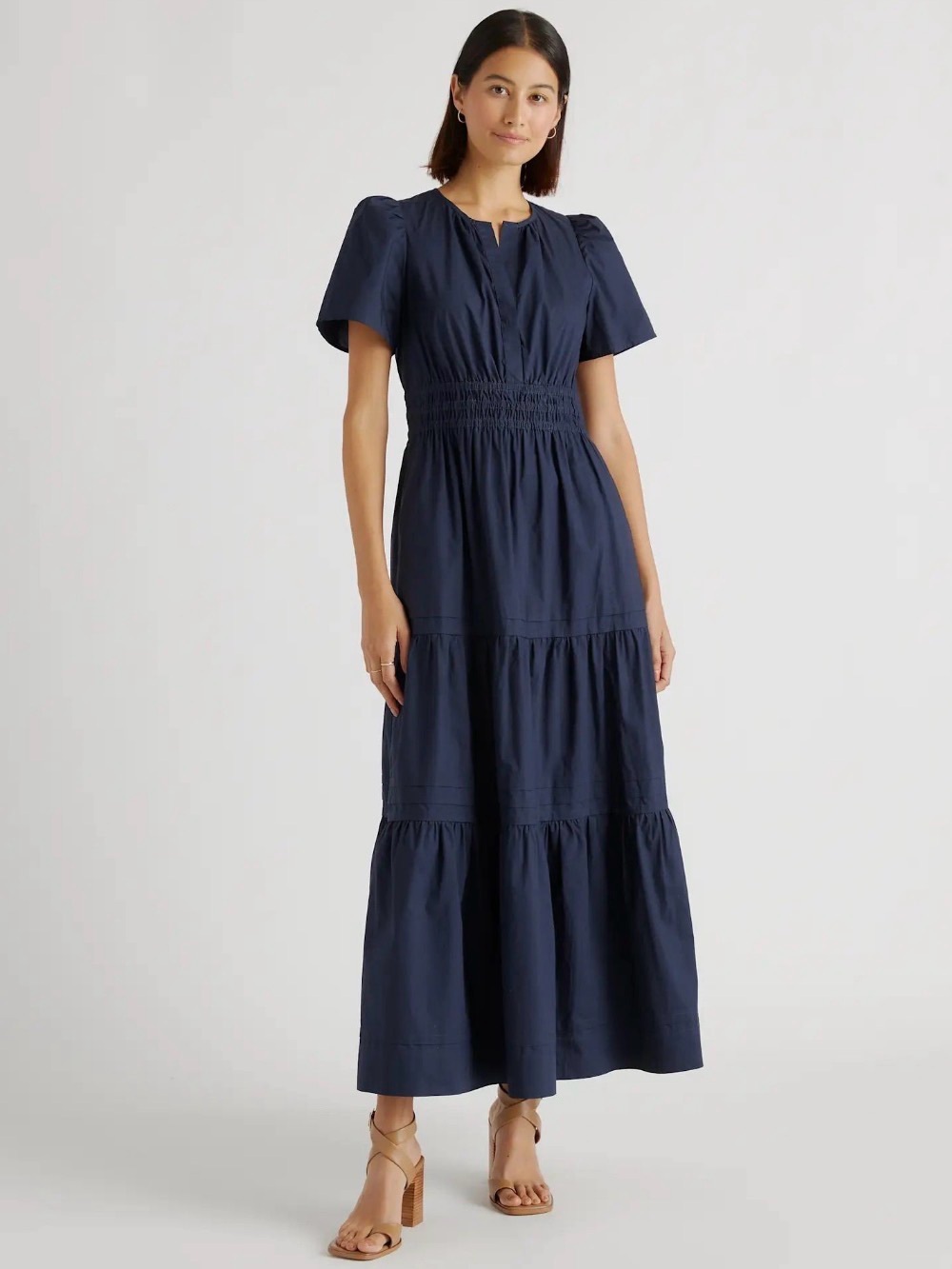 Quince 100% cotton Navy Tiered Midi Dress with Smocked Waist